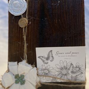 Handmade Rustic Wood Block Picture Frame with Floral Accents